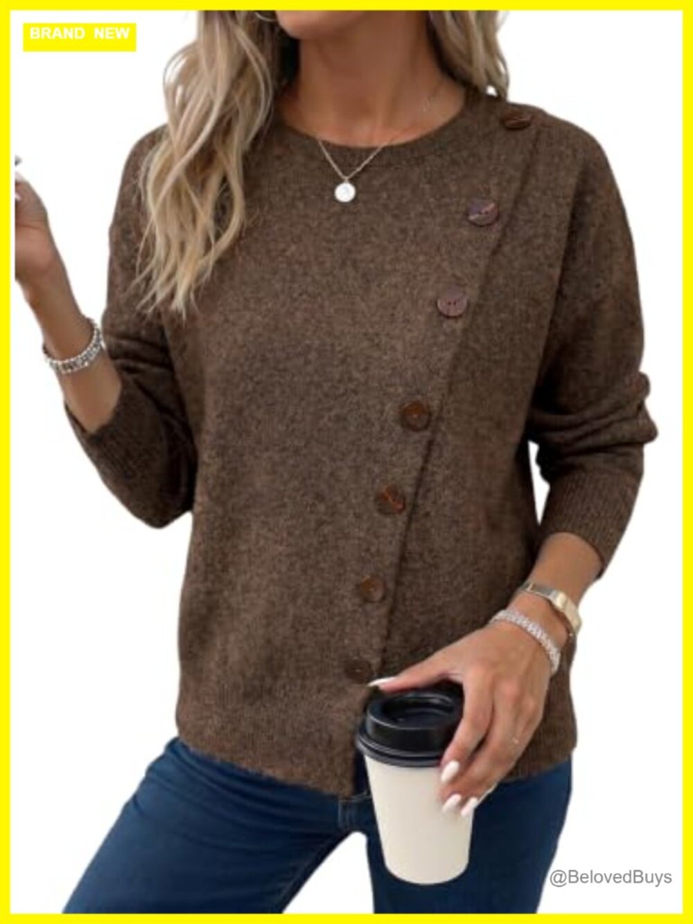Dokotoo Womens Crewneck Knit Sweater Pullover Long Sleeve Button Detail